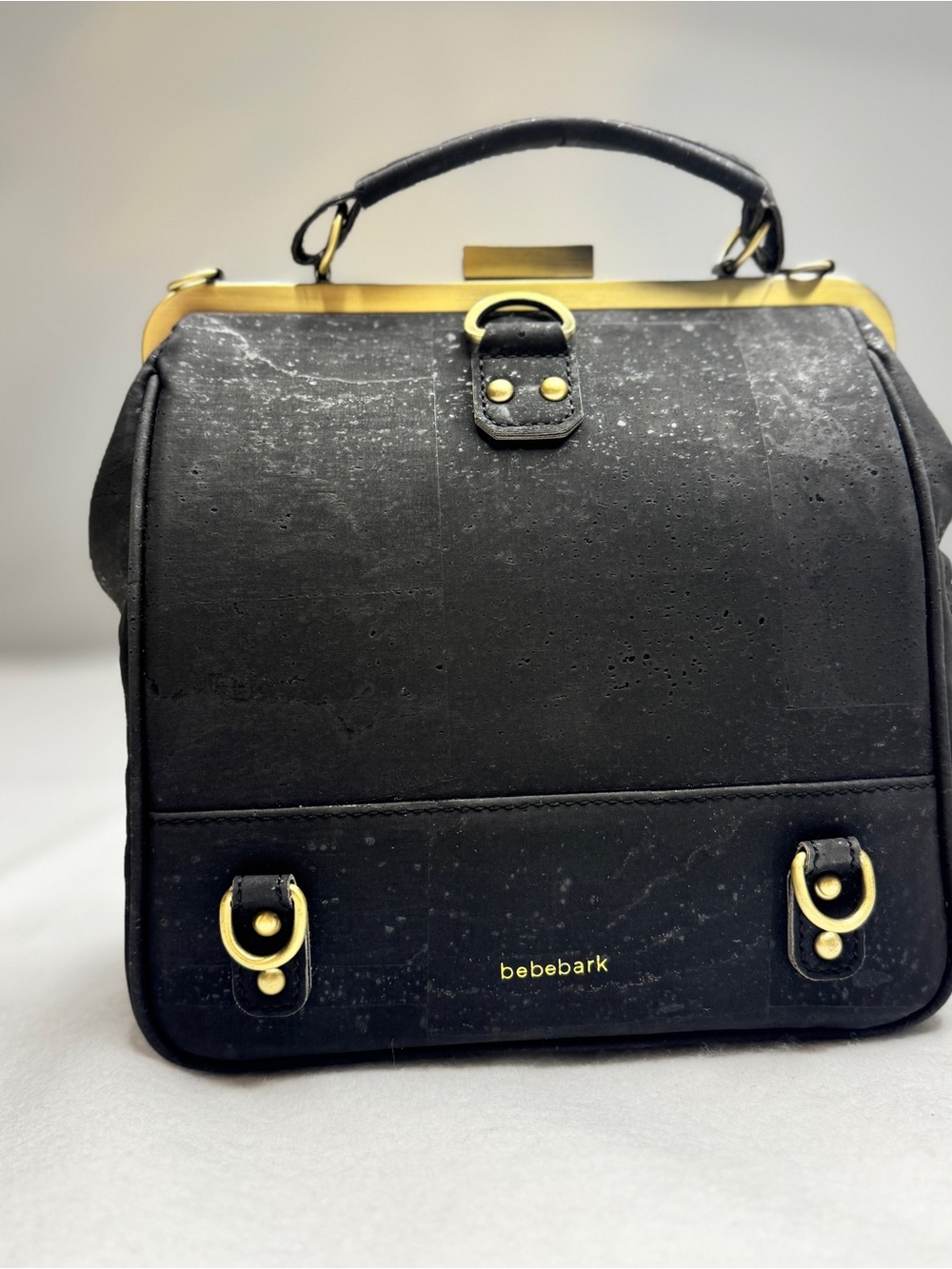 Bebebark LaFlore Paris Cork Vegan Black Mini Top-Handle Bag with Gold Accents